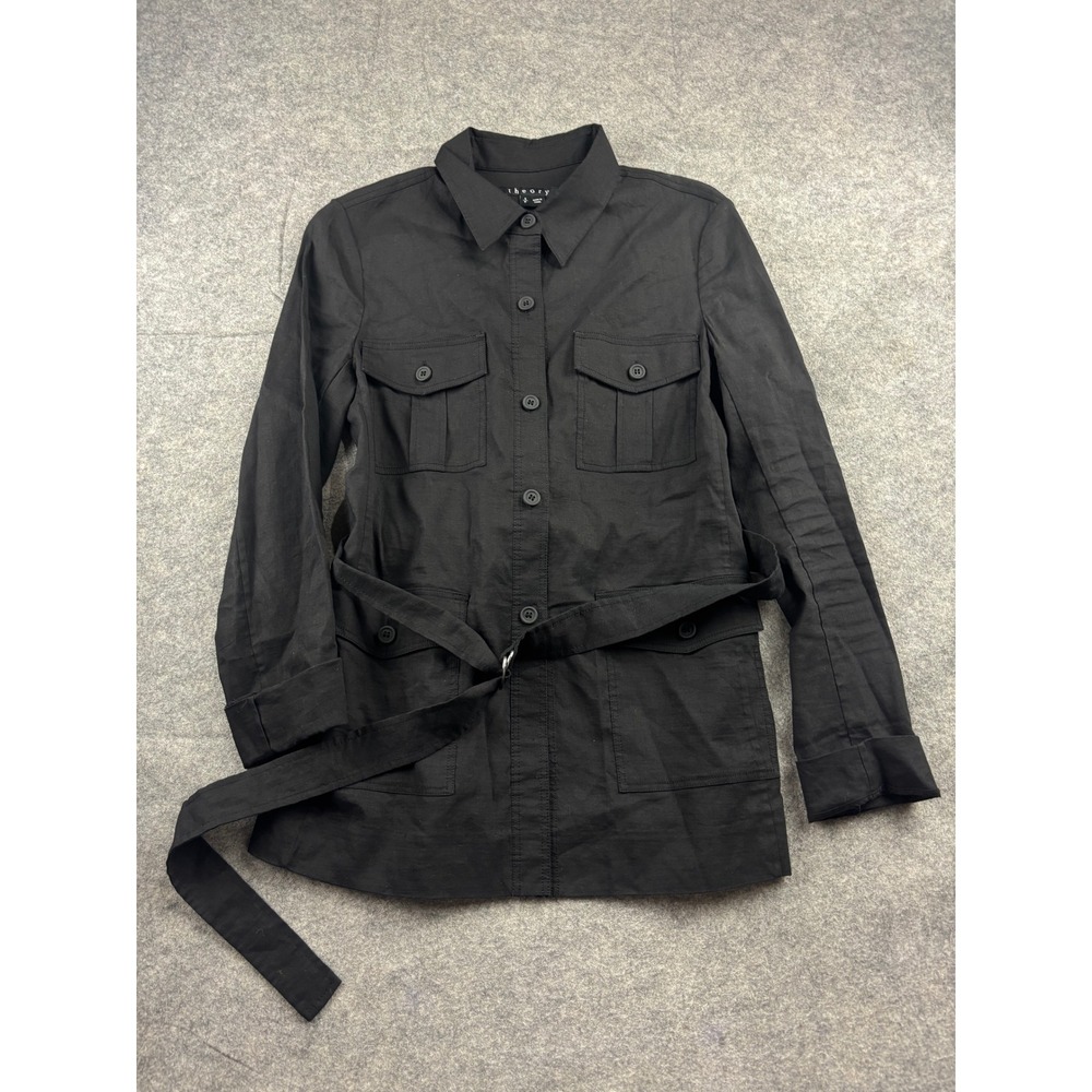 Theory Women S Black Linen Blend Belted Safari Utility Jacket Capsule Minimalist